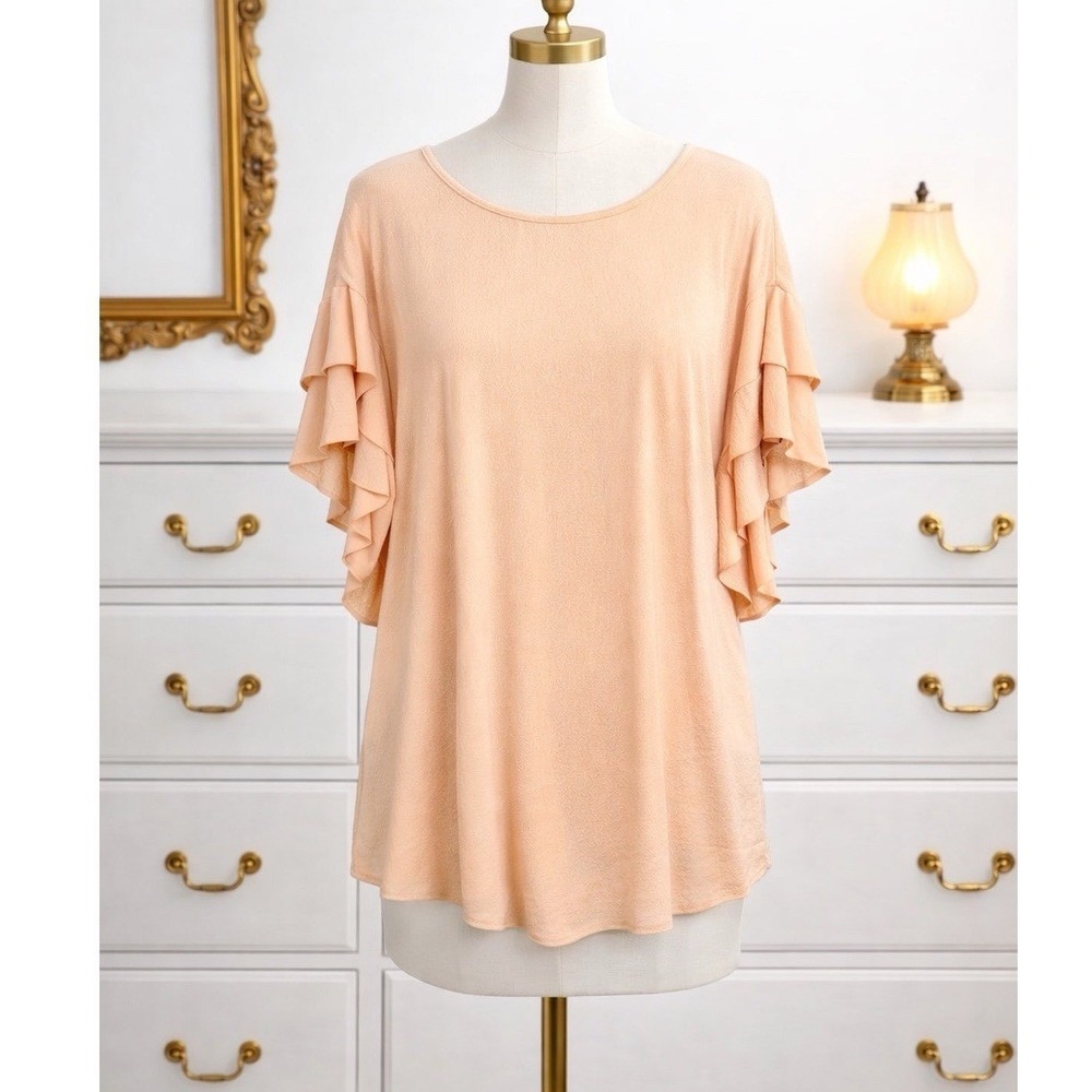Chico's Popover Top Size 2 US Large 12/14 Peach Orange‎ Ruffle Flutter Sleeves
